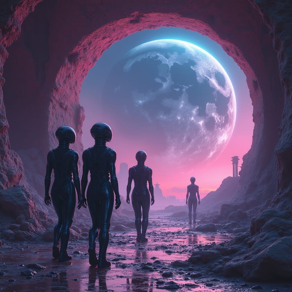 Synthwave Moon City with Alien Guardians