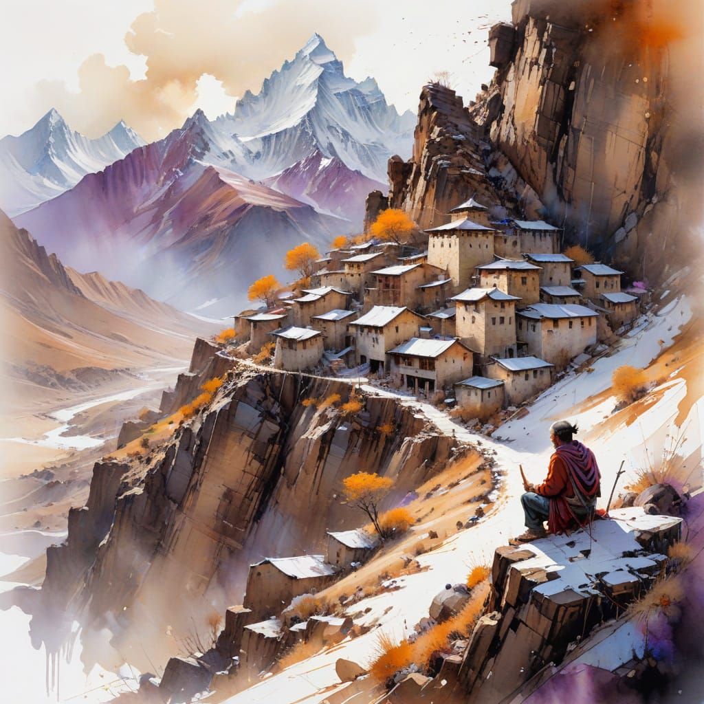 Surreal Himalayan Landscape at Dawn in Vibrant Watercolour