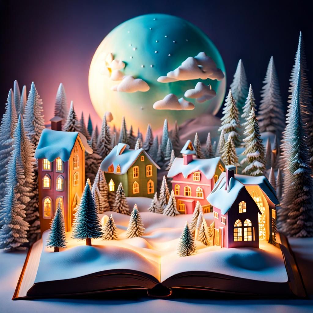 a wonderful magic pop-up chrismas world with snow covered city coming to life from a magic weathered old farm book, 3d e...