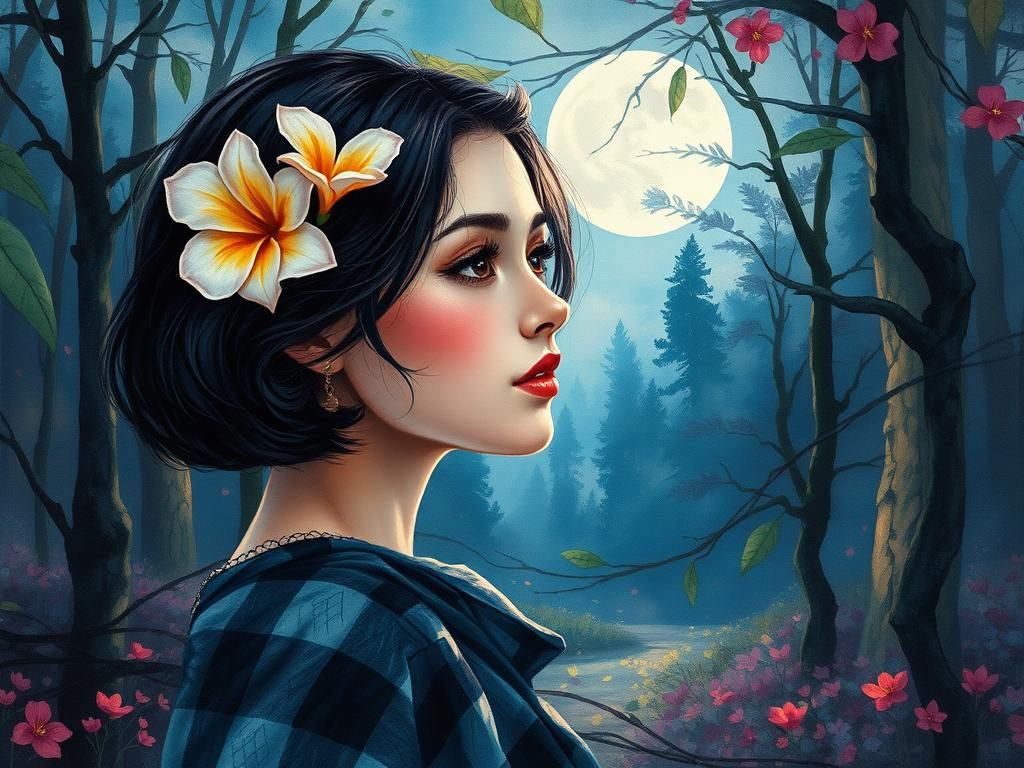 Woman in Forest: Retro Watercolor and Ink Art