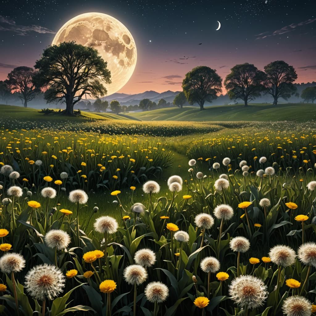 Dandelion Field Under a Detailed Moon, Matte Painting
