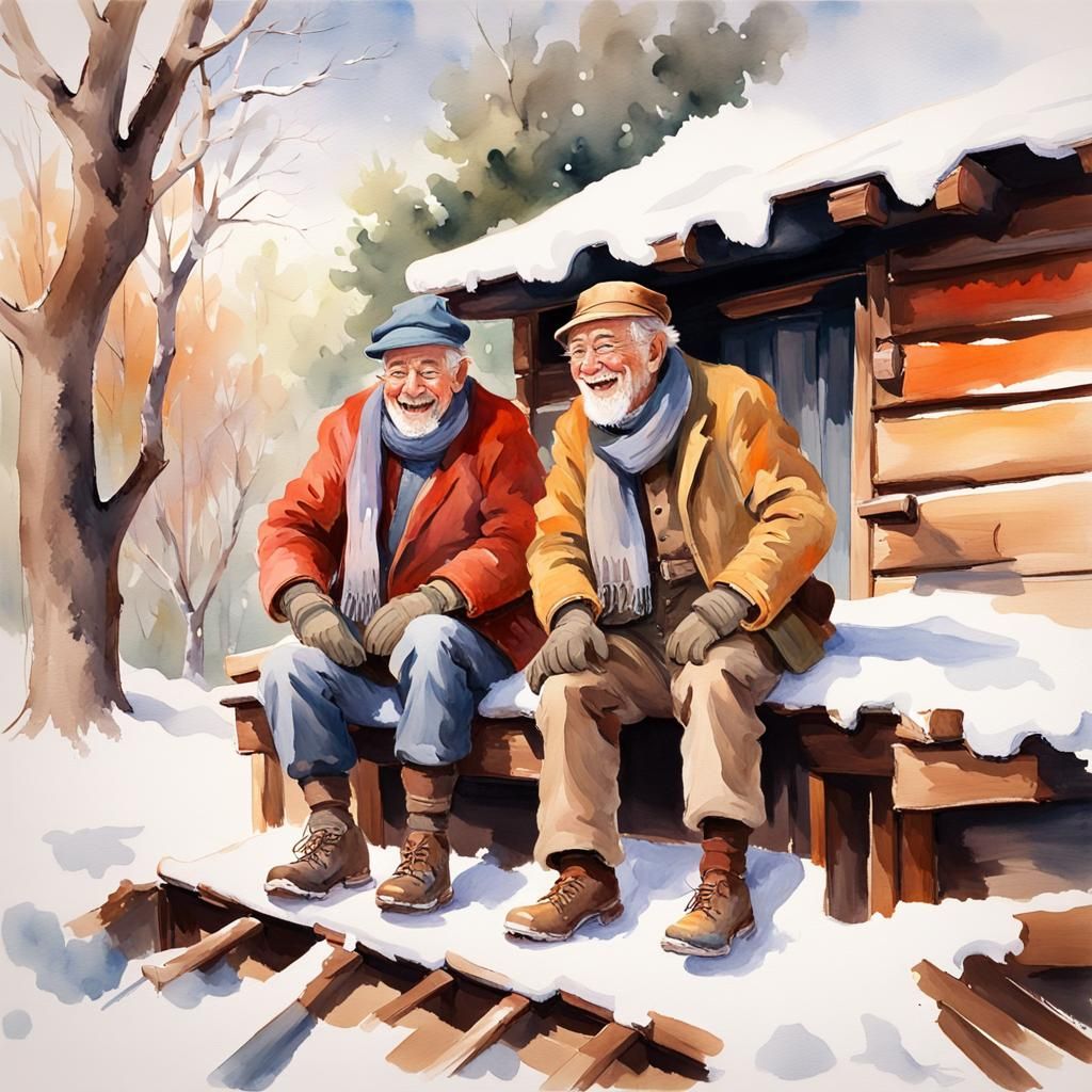Laughing Men on Cabin Steps in Watercolour Style