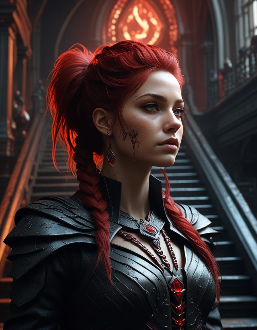 Gothic Techno-Fantasy Royal Portrait in Scarlet and Magma