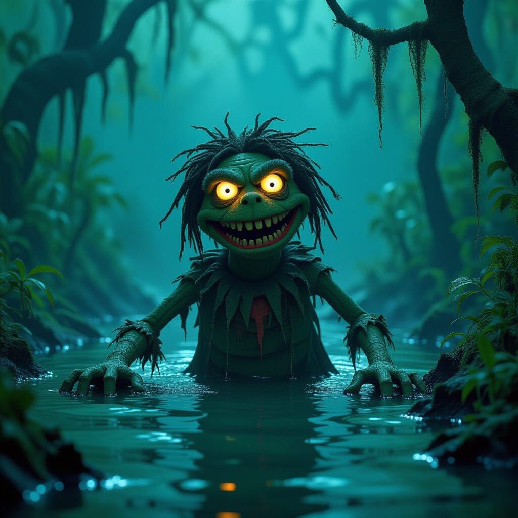 Bioluminescent Zombie Muppet in Dark Surrealism Style