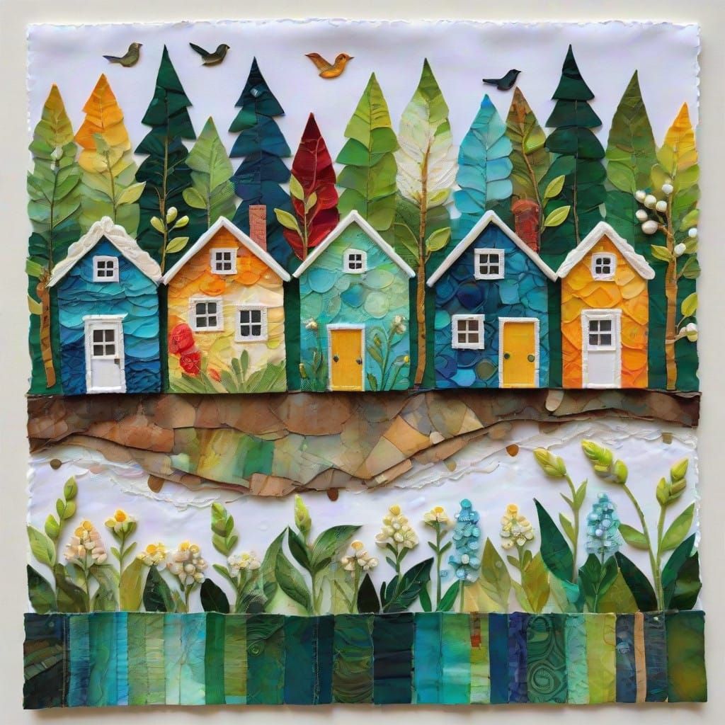 Whimsical Mixed Media Collage of Tiny Houses and Birds