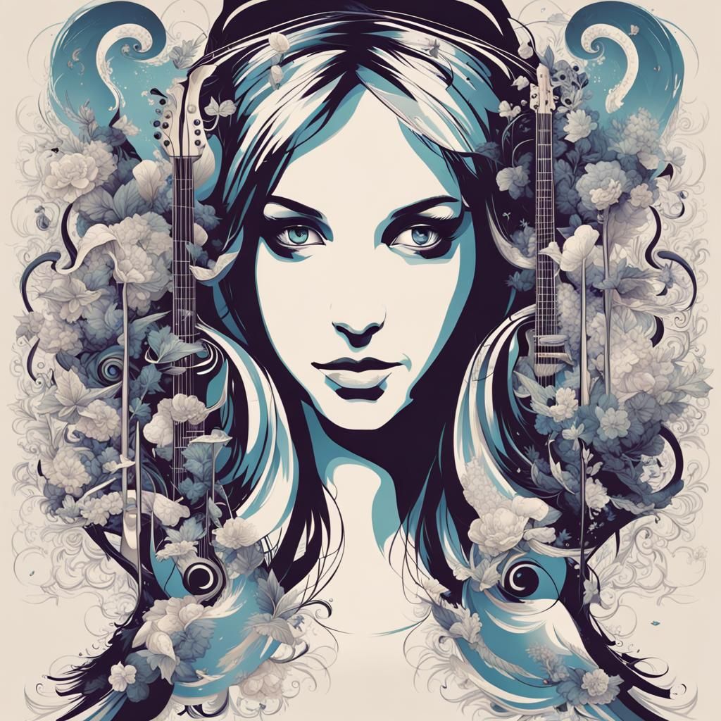 Detailed Vector Art: Alice with Music Double Exposure