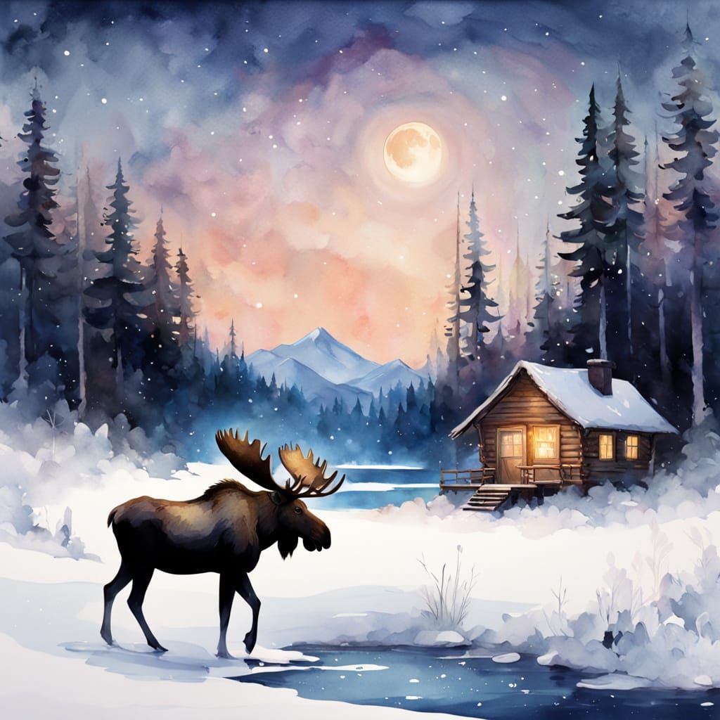 Watercolor Moose in Snowy Forest Under Full Moon