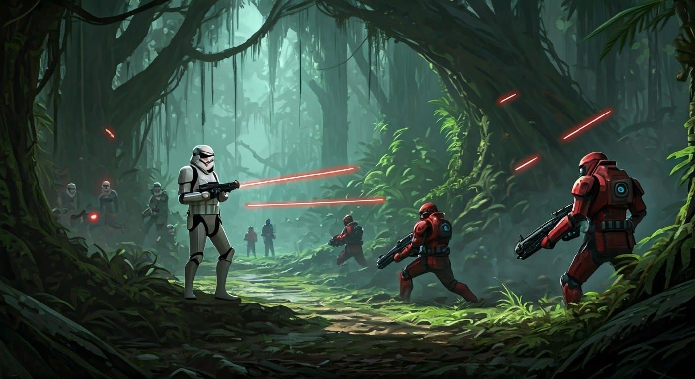 Epic Jungle Battle Between Stormtroopers and Tau, Oil Painti...