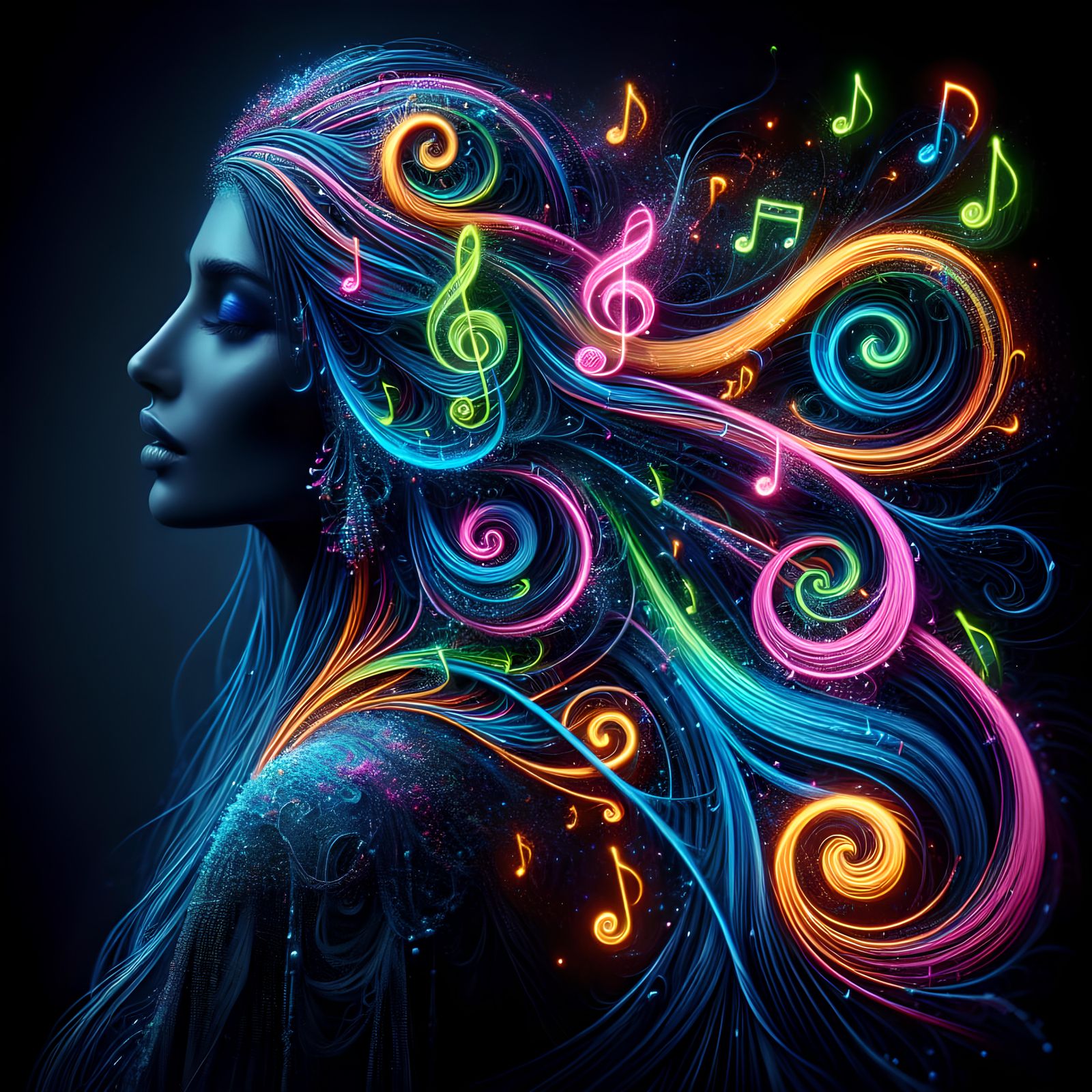 Neon Portrait: Woman's Hair Becomes Musical Fire