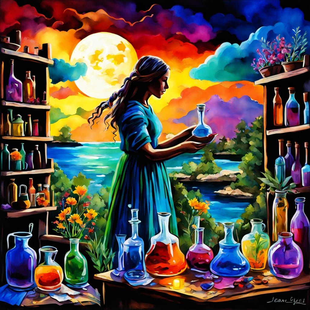 Alchemist Brewing Potion in Sunset Garden Lab