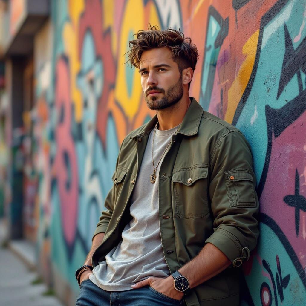 Relaxed Man Leaning on Mural in Digital Art Style