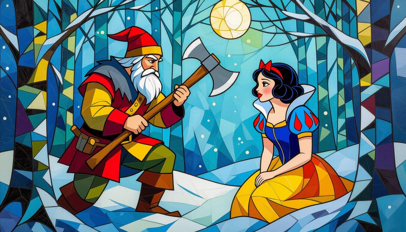 Snow White and the Huntsman, Neo-Impressionist Stained Glass