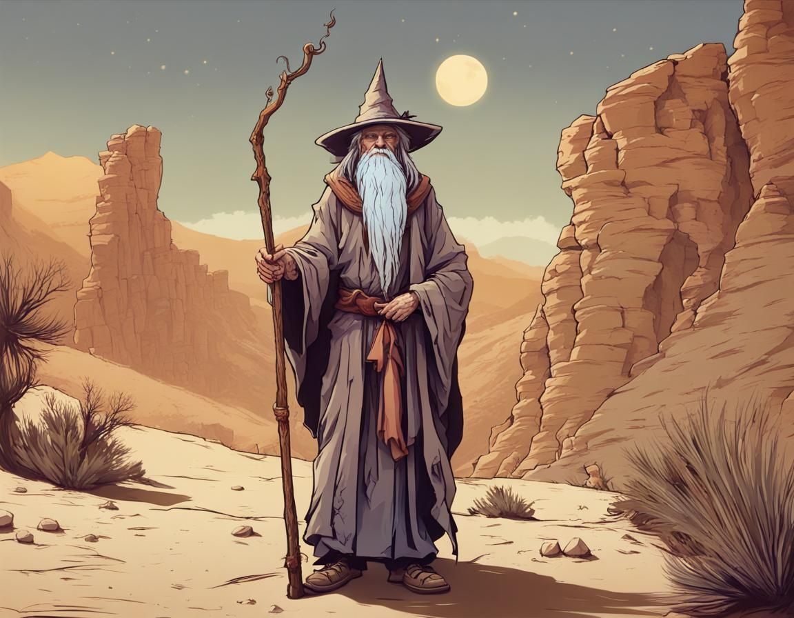 Wizard with Staff in Desert Canyon