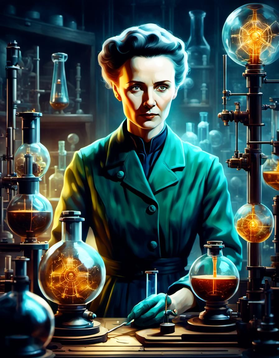 Marie Curie Portrait Illustration in Laboratory