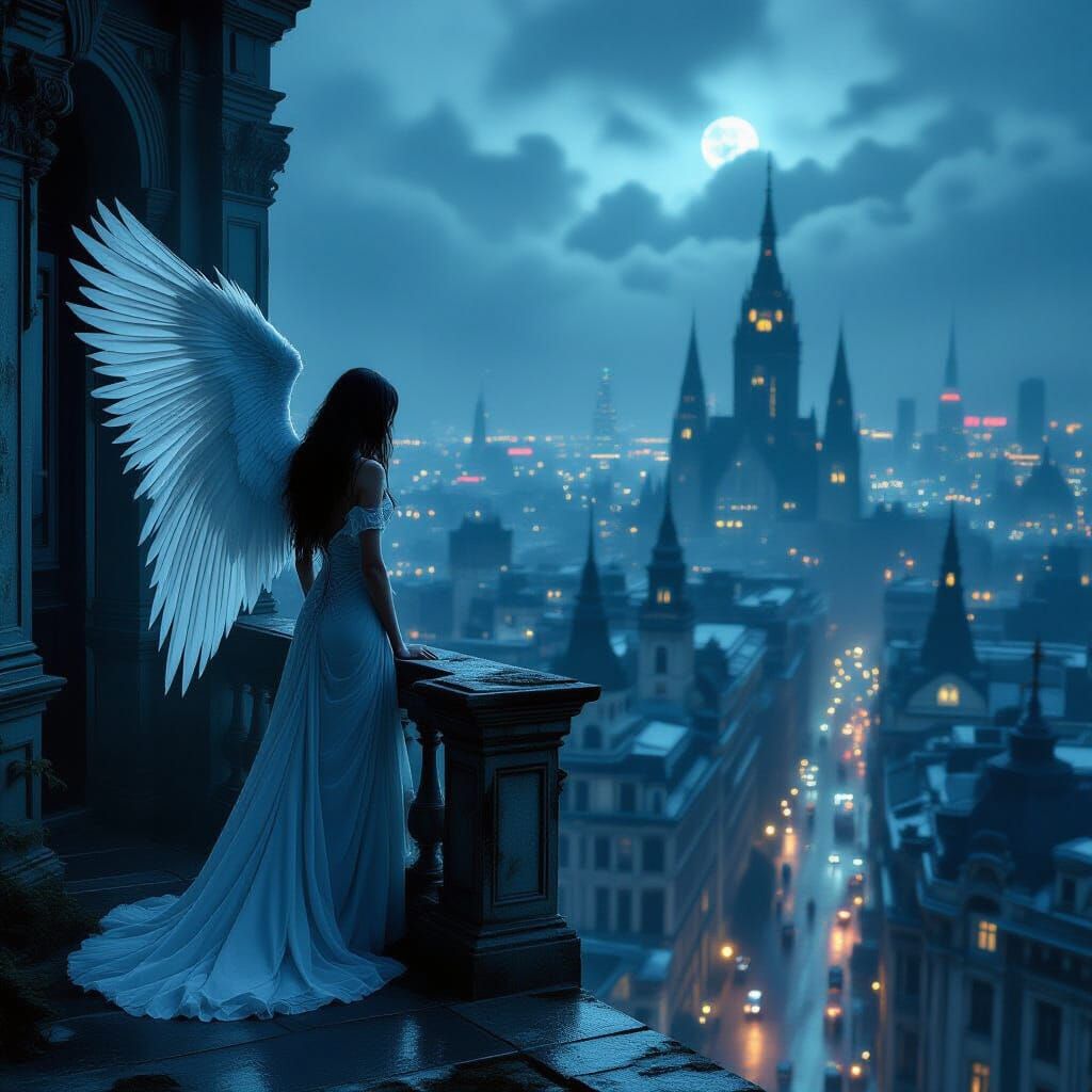 Ethereal Angel on Overgrown Balcony Overlooking Twilight Cit...