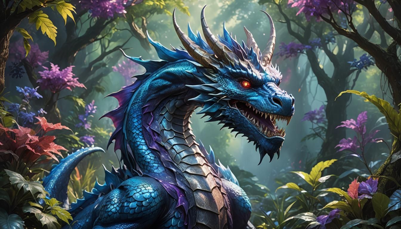 Majestic Blue Dragon in Enchanted Forest: Fantasy Art