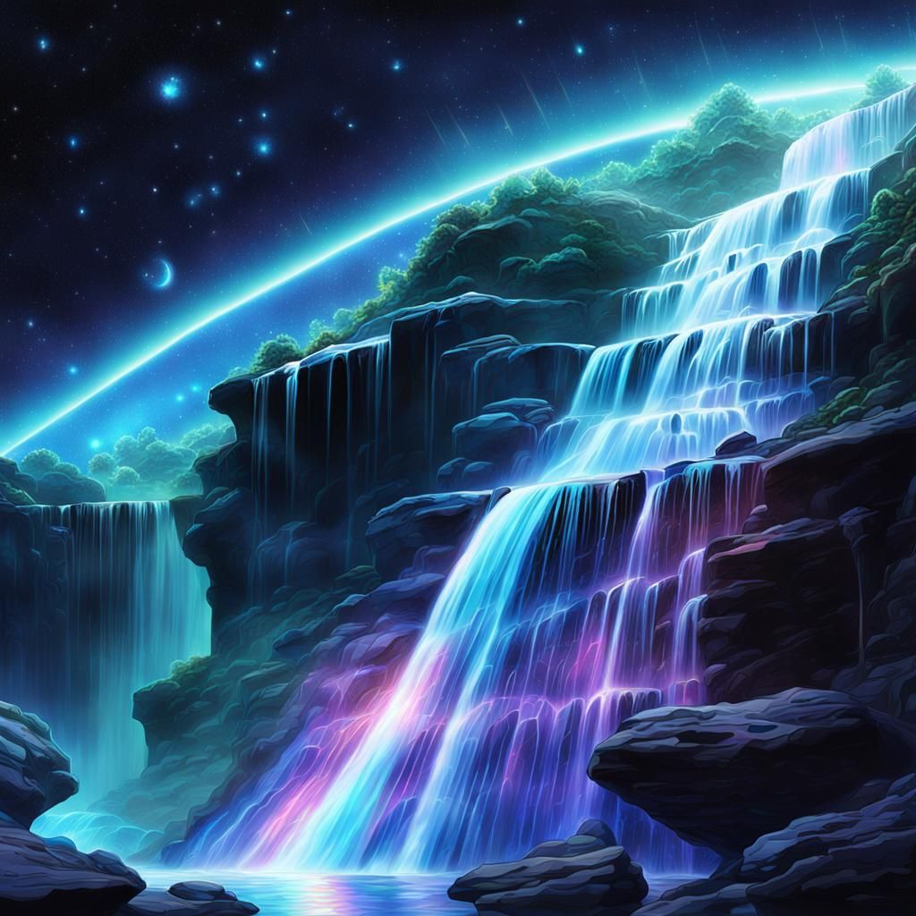 Cosmic Waterfall: Holographic Astral Illustration