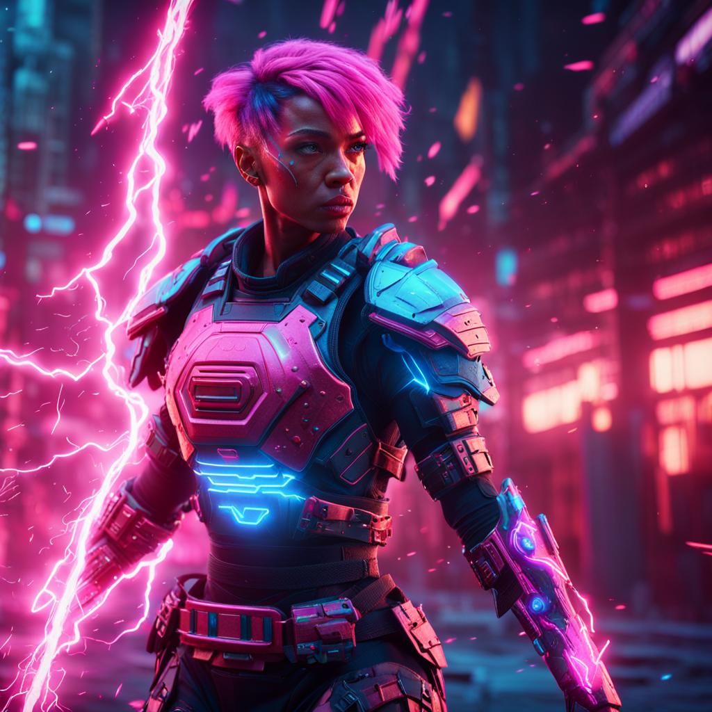 Cyberpunk Warrior Woman Emitting Pink Lightning in 8K