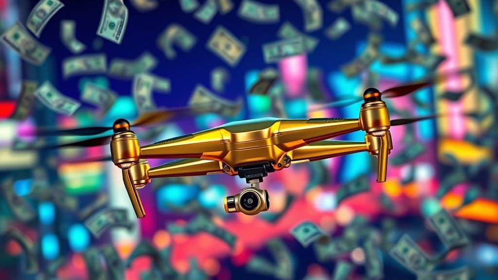 Golden Drone in Hyper-Realistic $100 Bill Swarm, Cyberpunk F...