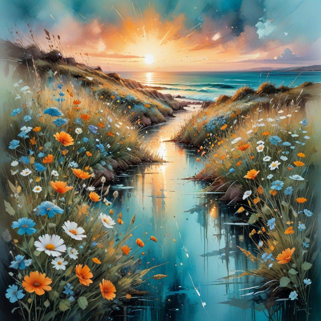 Turquoise Wildflower Field: Sunset Coastal Path in Watercolo...