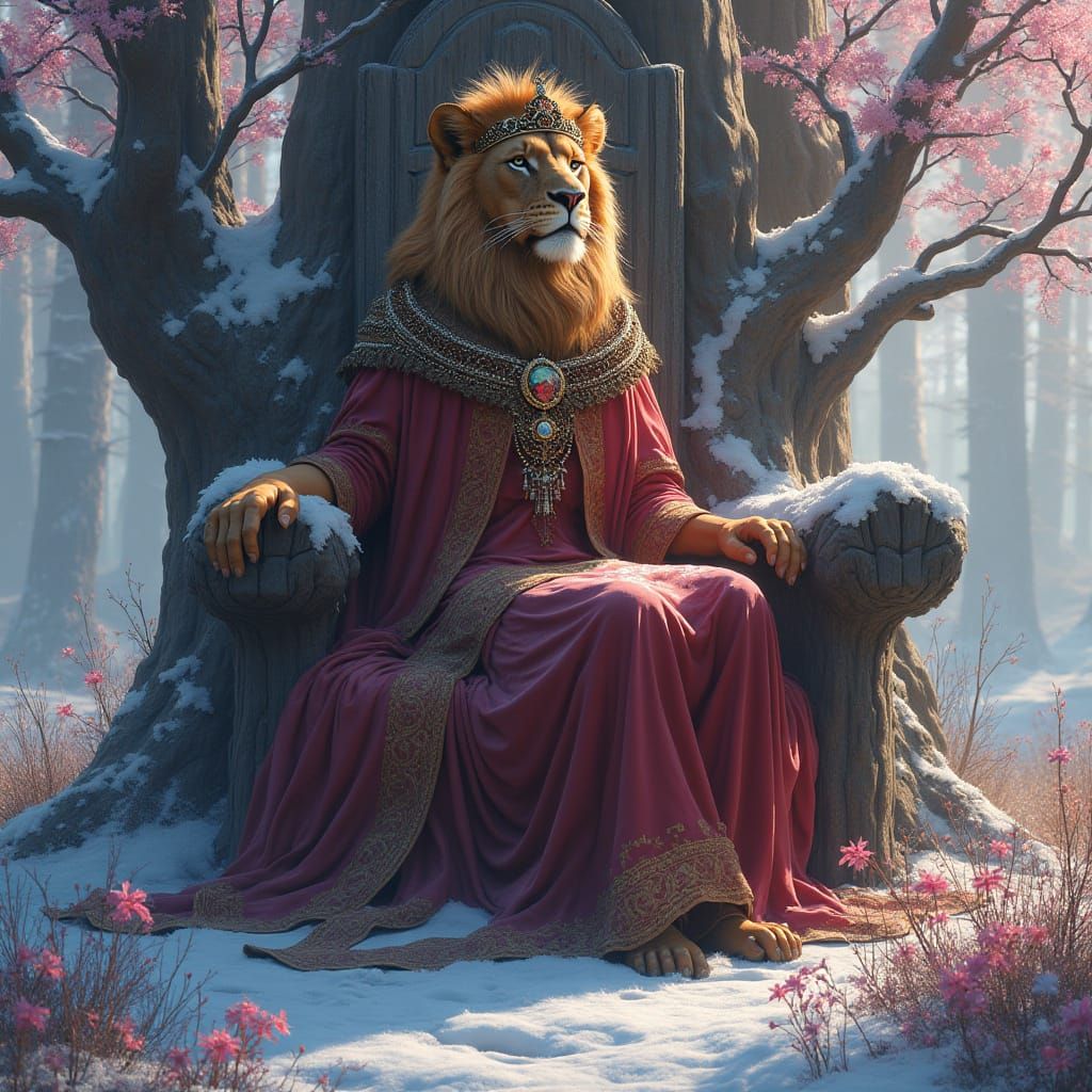 Regal Lioness on Oak Throne in Atmospheric Style