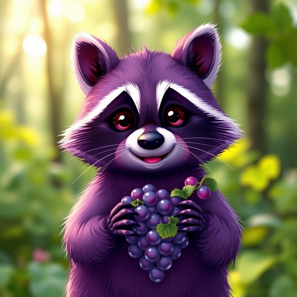 Cartoon Purple Raccoon with Grapes in Forest
