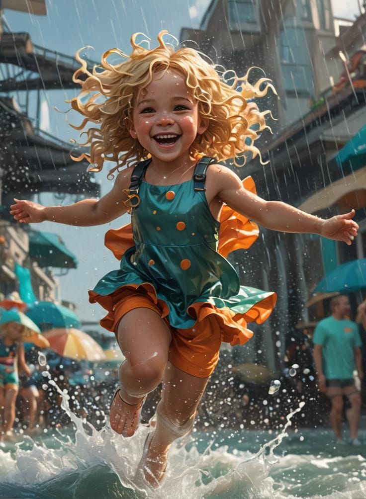 Joyful Toddler Leaps in Ocean Waves: Dynamic Lighting