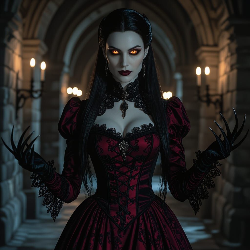 Elegant Vampire Woman in Gothic Victorian Dress