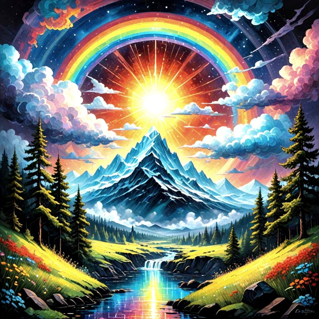 Neo-Impressionist Norse Rainbow Bridge in Vibrant LED Neon C...