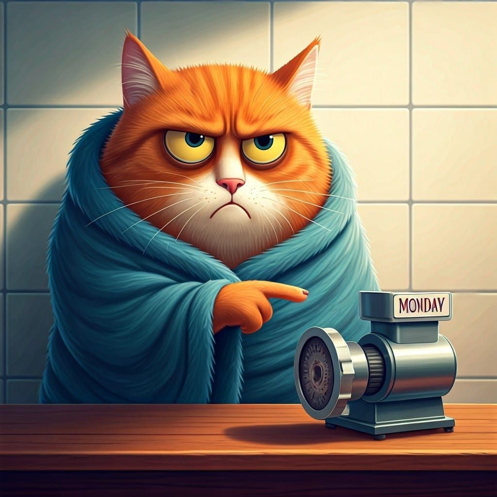 Sarcastic Cat Rejects Monday in Fuzzy Blue Blanket