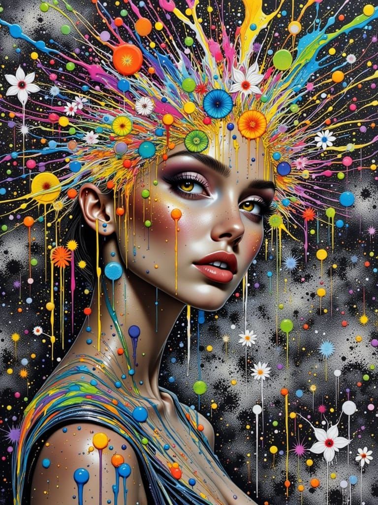 Woman's Face with Rainbow Ink Splatter