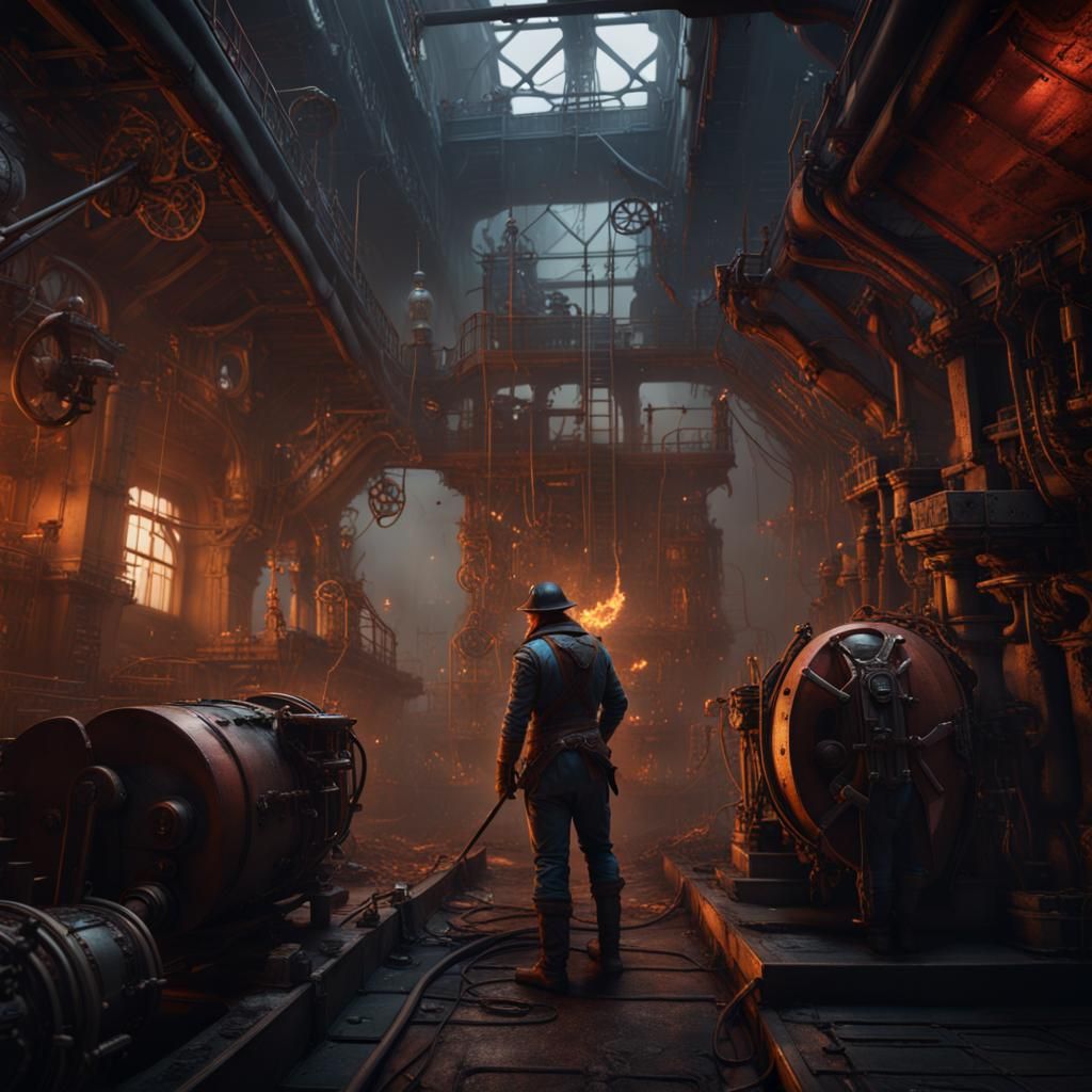 Saboteur in Engine Room: Detailed Matte Painting