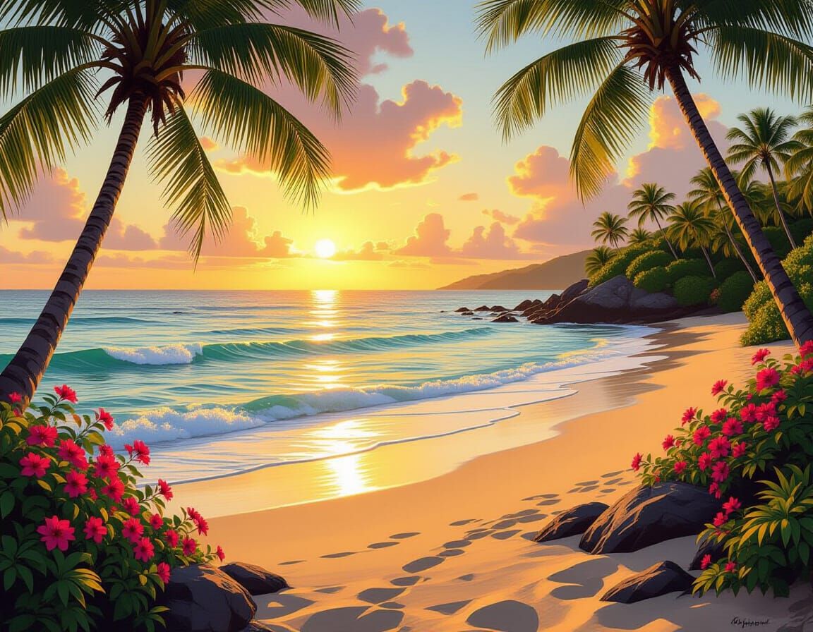 Serene Tropical Beach at Sunset: Hyperrealistic Digital Pain...