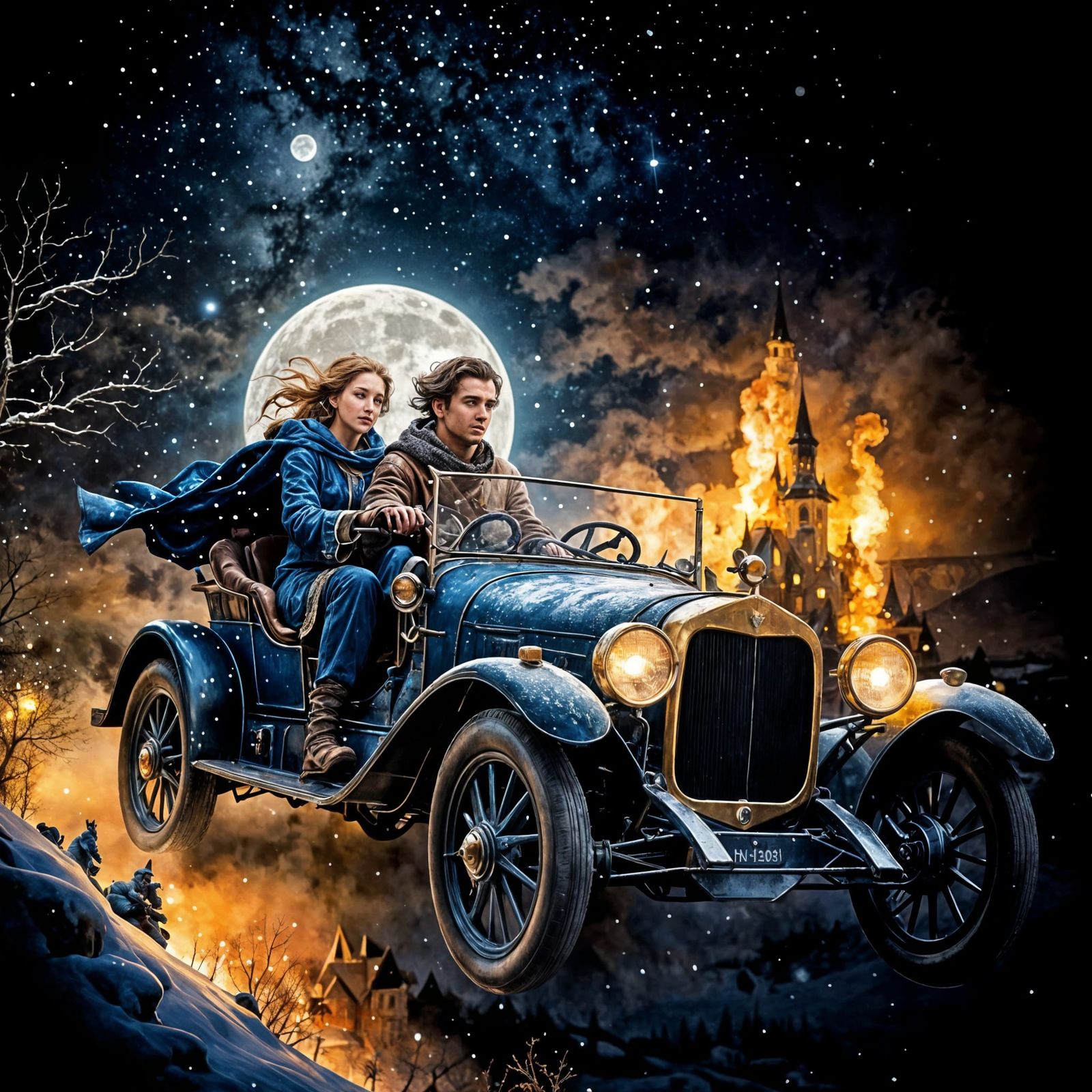 Whimsical Winter Moonlit Landscape with Flying Car