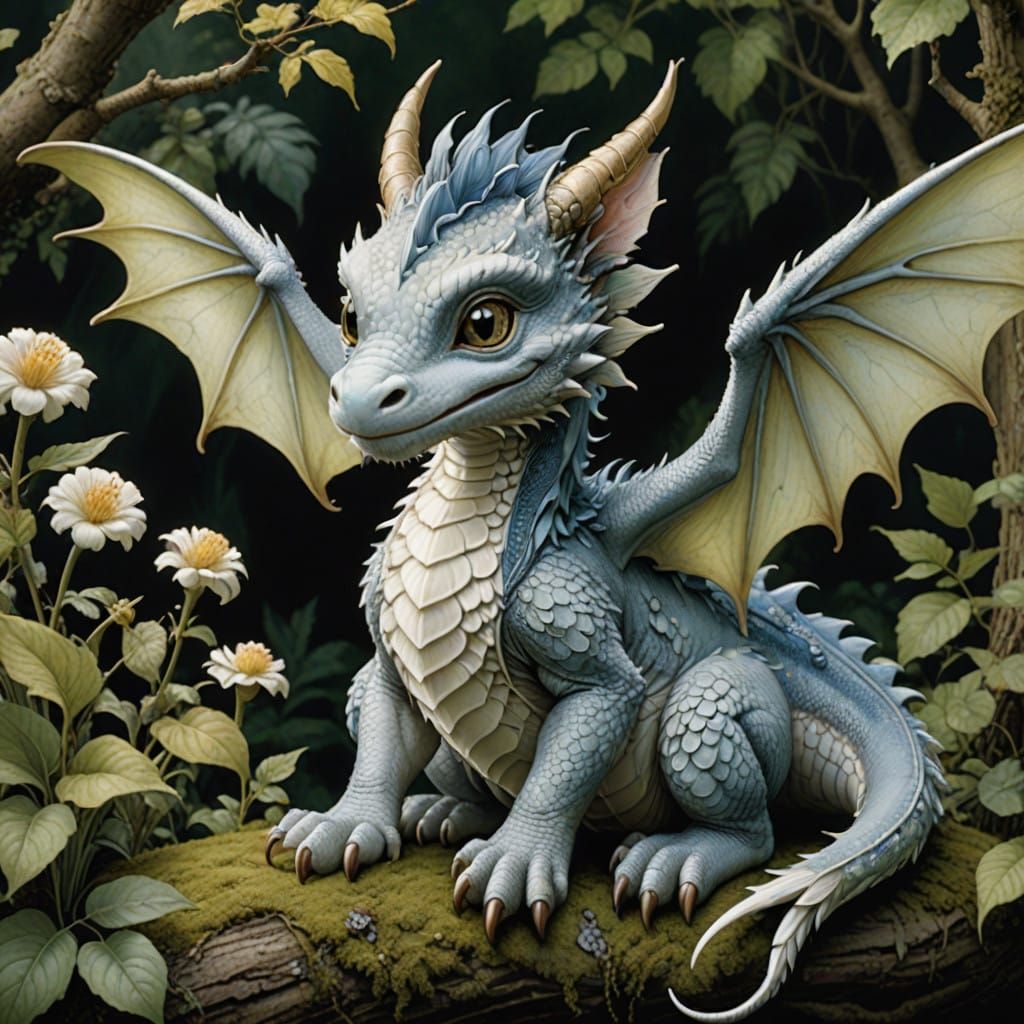 Whimsical White Dragon with Fluffy Wings in Watercolor Style