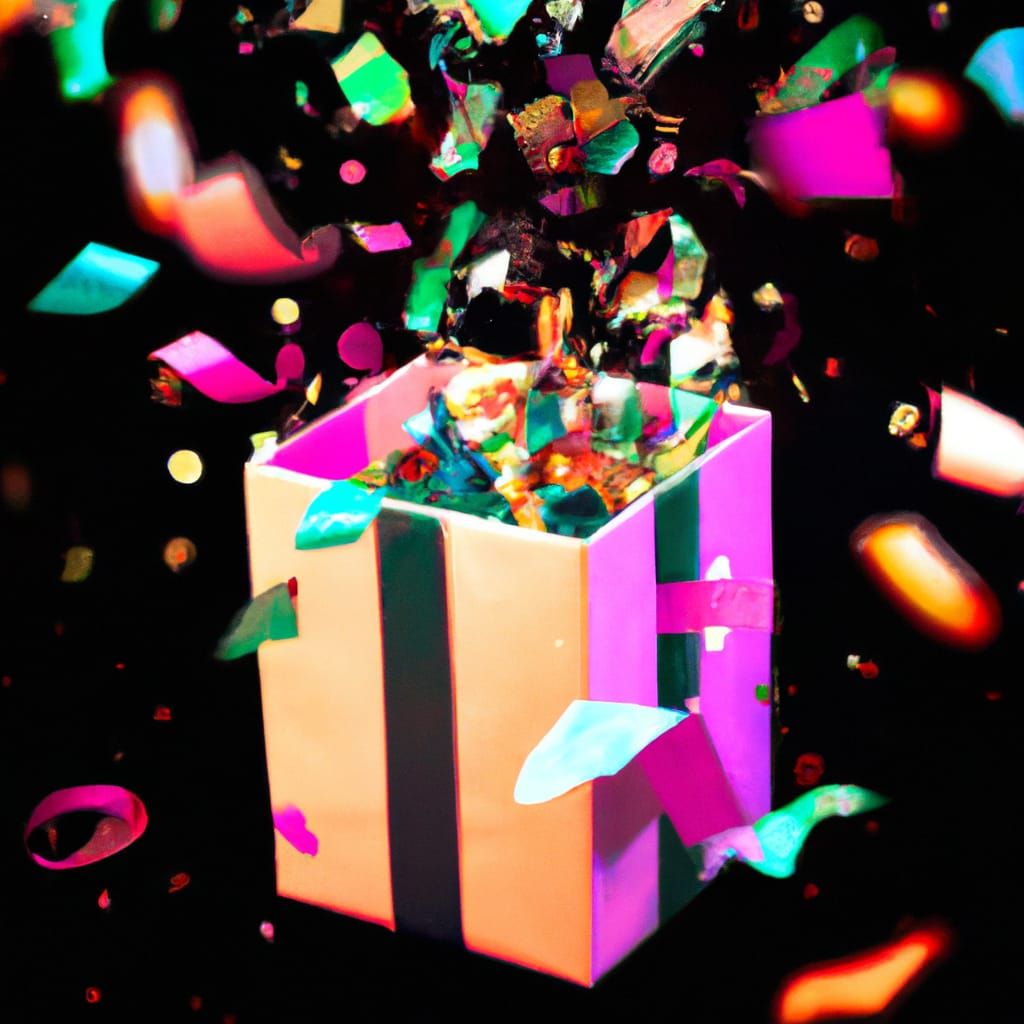 Opened gift box with blowing confetti papers flying.
A stunn...