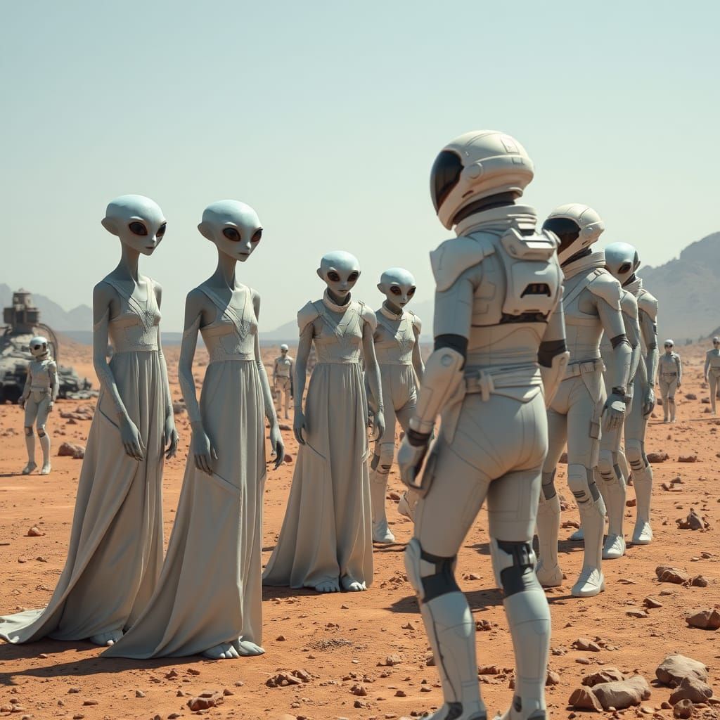 First Contact: Humans Meet Aliens in a Surreal Landscape