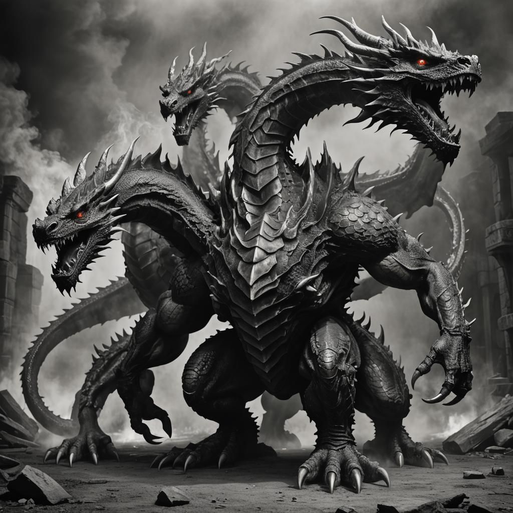 Muscular Three-Headed Dragon in Black and White