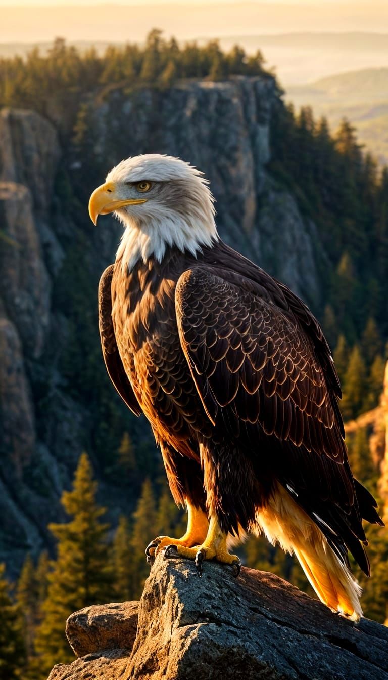 Eagle on Cliff Edge in Golden Sunrise Landscape