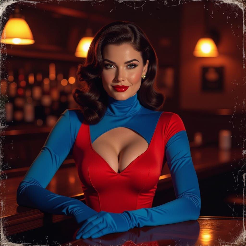 Superhero Housewife at Bar: 1990s Photorealistic Pin-Up