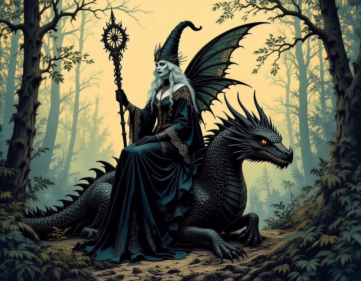 Dark Fairy Elder Riding Dragon in Forest Collage Art