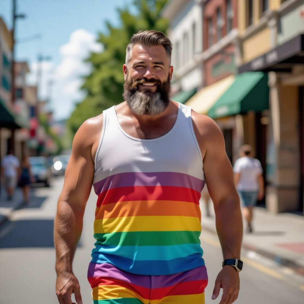 Rainbow Man in Sun-Drenched Street, Photorealistic