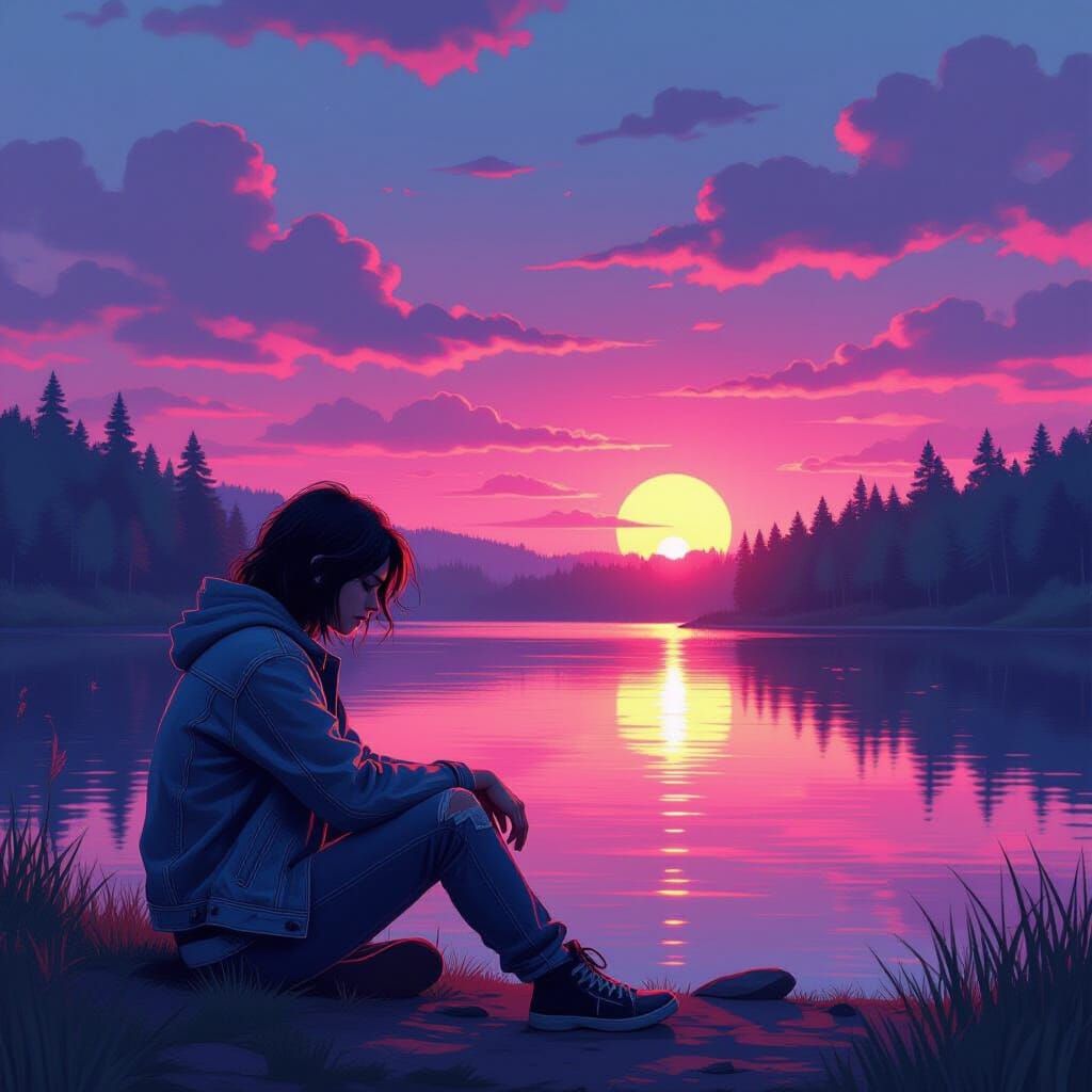 Synthwave Sunset Reflections by Lake