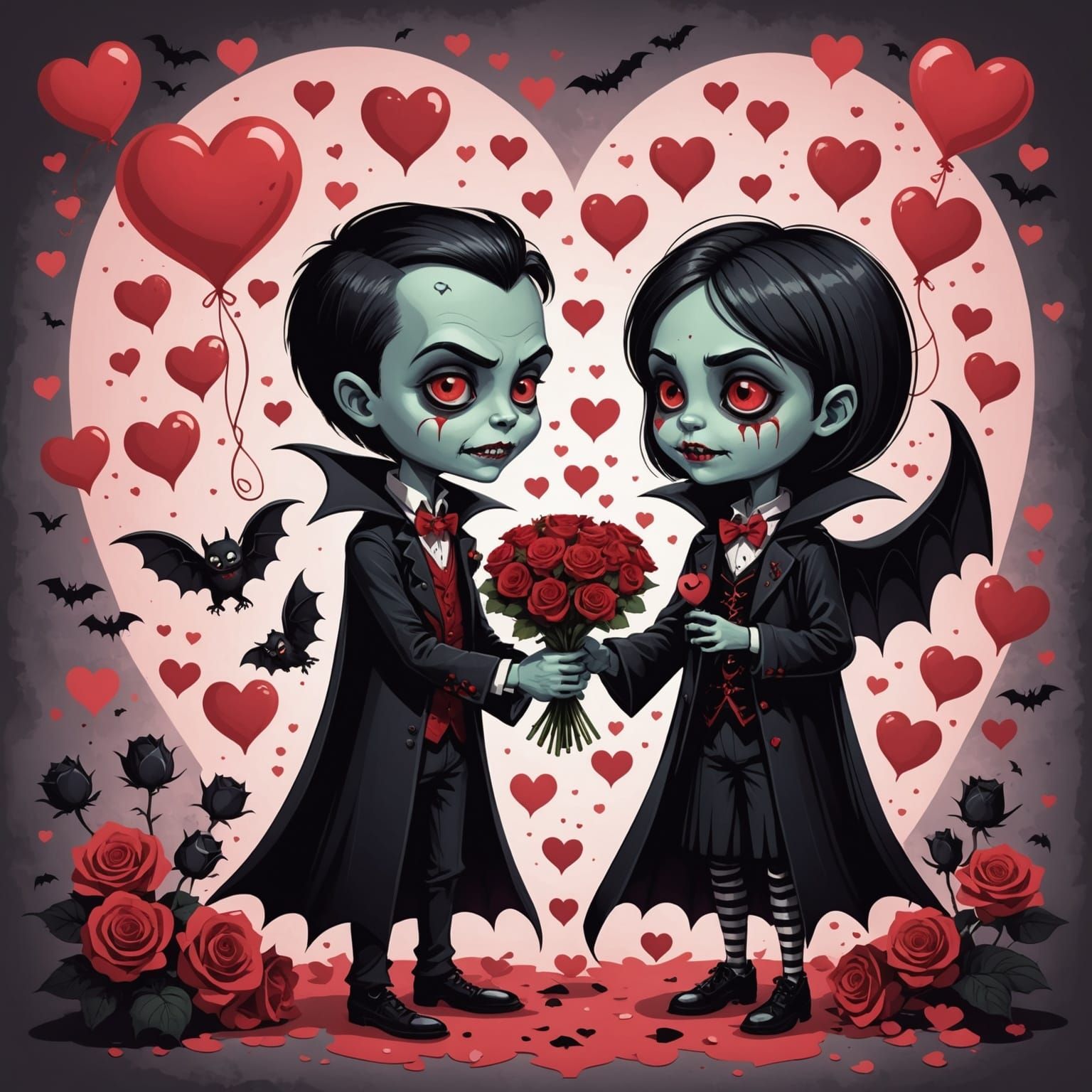 Cute Gothic Romance: Vampire Gives Black Roses to Zombie
