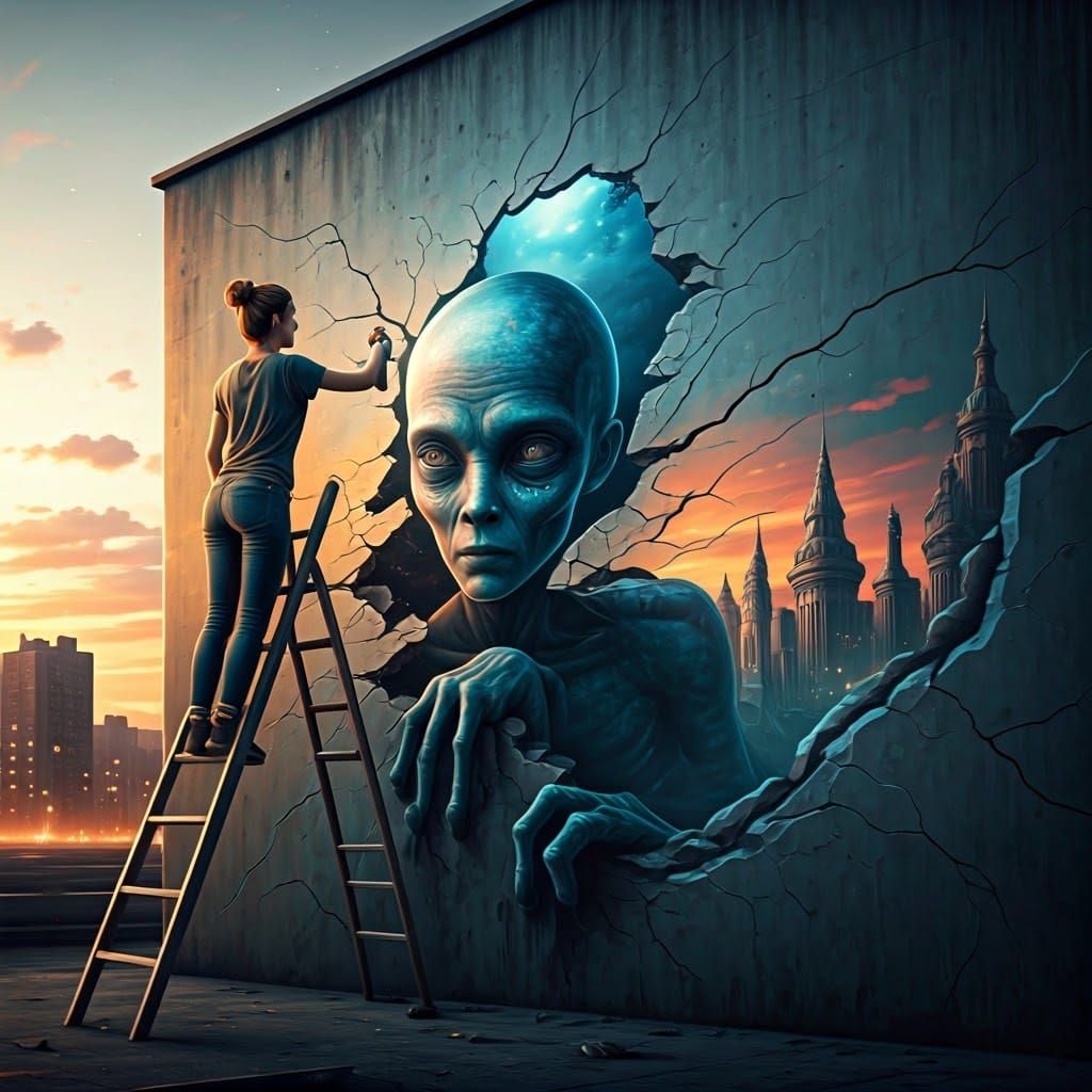 Surreal Street Art with Alien Mural