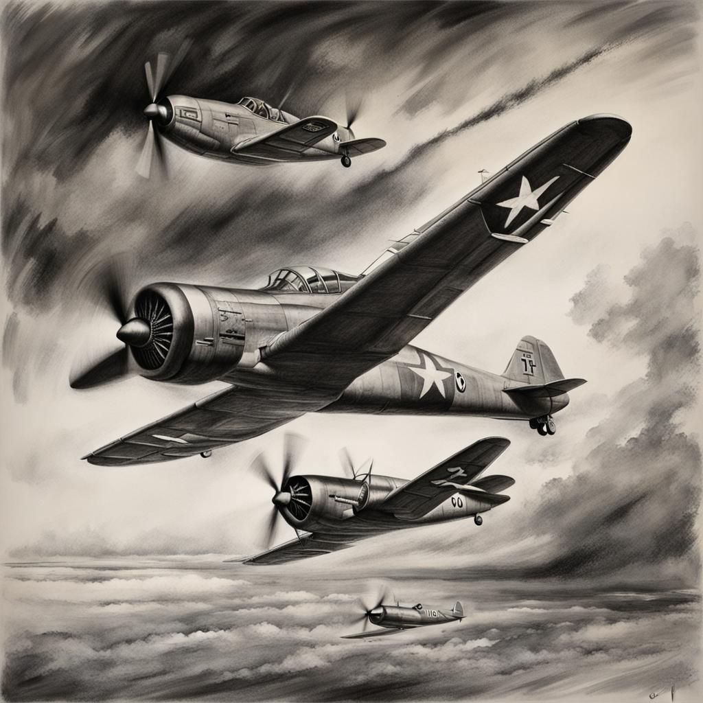 WWII Planes in Flight: Detailed Charcoal Drawing
