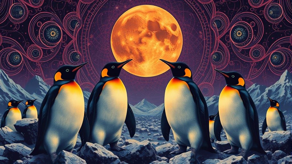 Psychedelic Penguins Unite in Surreal Art Nouveau Revolt