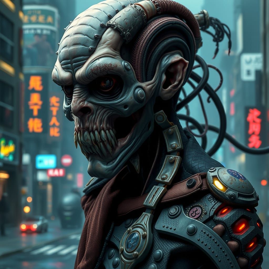 Bio-Mecha Horror in Gritty Cyberpunk Cityscape