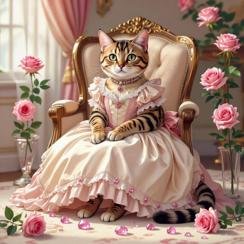 Bengal Cat Princess in Pink Roses, Anime Style