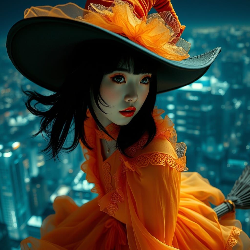 Riding a witch's flying-broom over the city